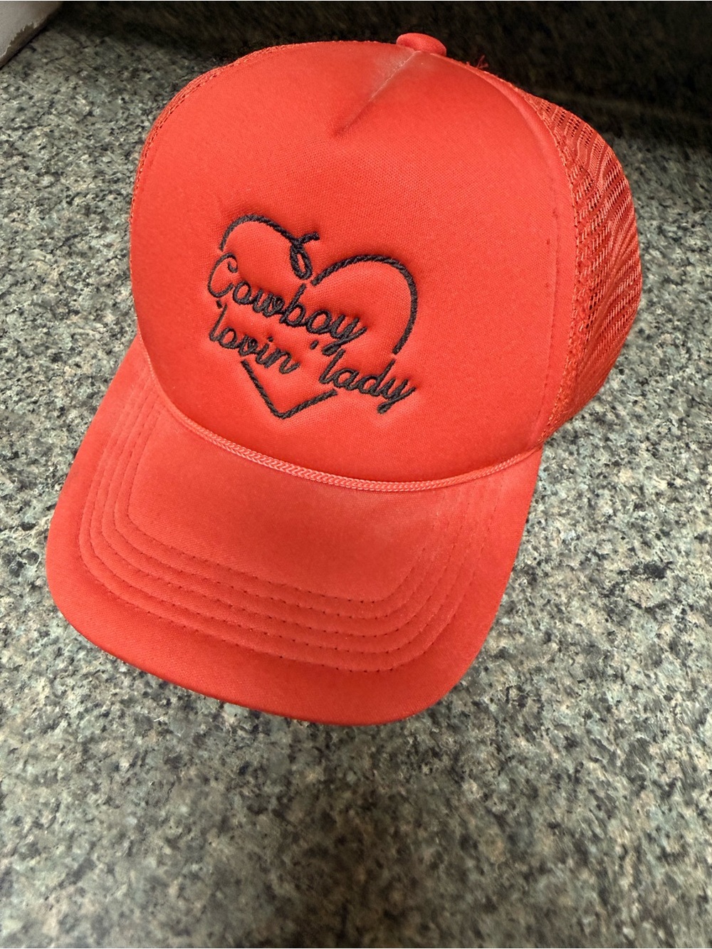 Red Trucker Hat with Embroidered Heart Script
